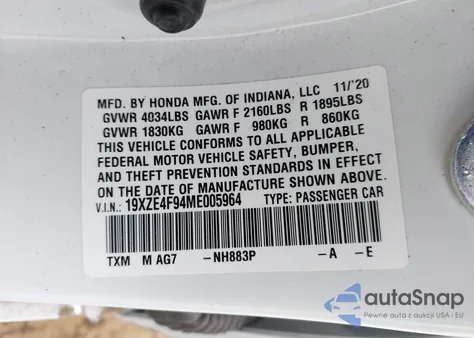 2021 Honda Insight Touring из США, поврежденный, VIN 19XZE4F94ME005964